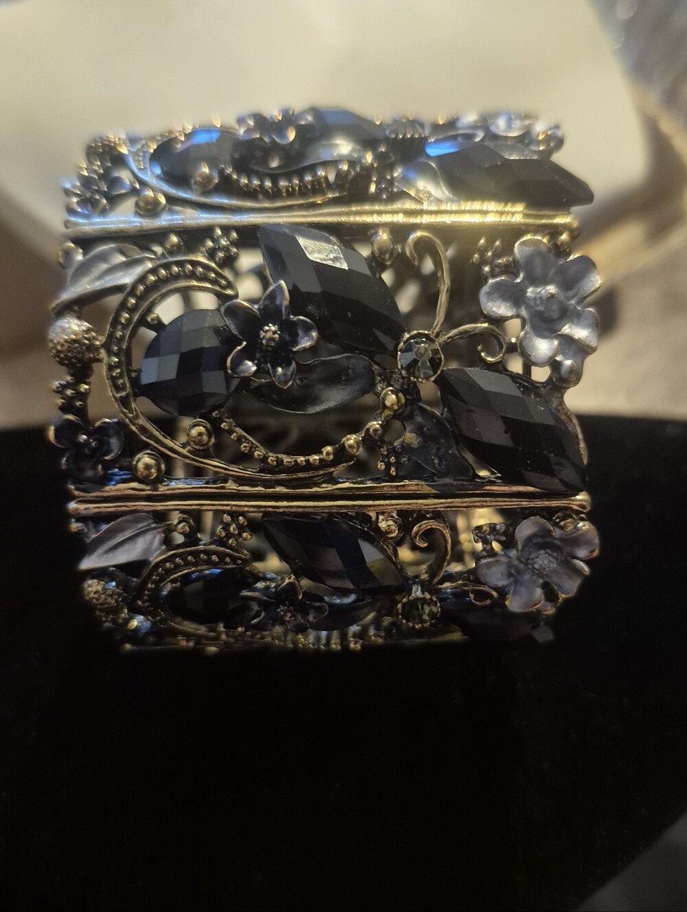 Antique-Style Black Crystal Floral Statement Cuff Bracelet